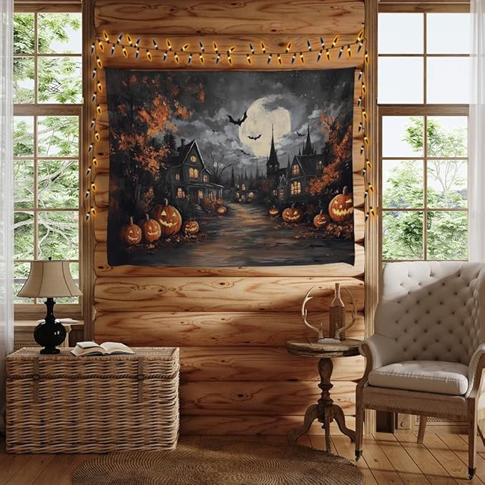 Spooky Halloween Tapestry Haunted Home Bats Pumpkin Tapestry Wall Hanging Dark Academia Fall Full Moon Decor Gothic Ghost Tapestries for bedroom Living Room Decoration 40x60inch