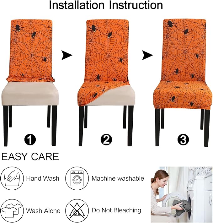 JQinHome Halloween Orange Dining Chair Slipcover, Spider Web Chair Covers Set of 4 ，High Stretch Washable Chair Protector Cover for Dining Room, Kitchen,Home Party,Wedding Ceremony(Orange, 4PC)