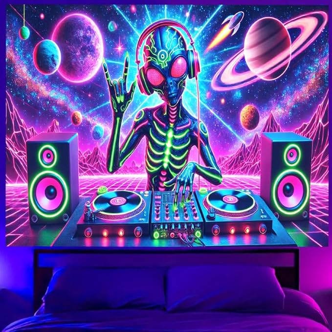 BlissYard Aliens Tapestry 78x59 Inch Blacklight DJ Aliens Tapestry Alien Tapestry for Men Guys Bedroom UV Reactive Alien Wall Tapestry Hanging Art Tapestry Room Decor Aesthetics Party Poster Banner