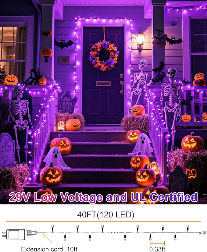 Halloween Lights Outdoor 40FT 120 LED, Green Wire String Lights for Outside Waterproof, 8 Modes Connectable Twinkle Tree Light for Indoor Bedroom Yard Party Holiday Decorations, Purple