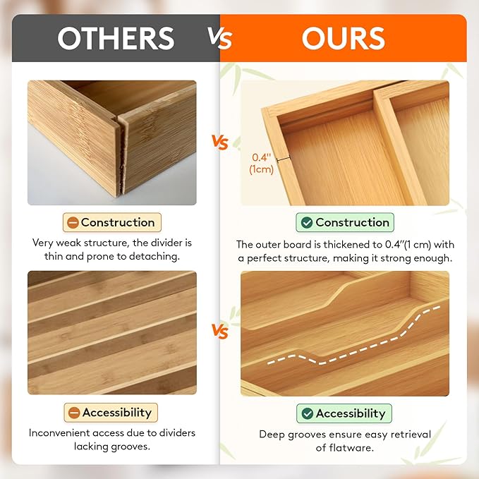 Lifewit Utensil Organizer for Kitchen Drawer, Expandable Cooking Utensil Tray, Bamboo Cutlery Silverware Flatware Holder, Adjustable Spatula Tools Gadget Storage Divider, 28 x18.5 x 2 inches, Natural