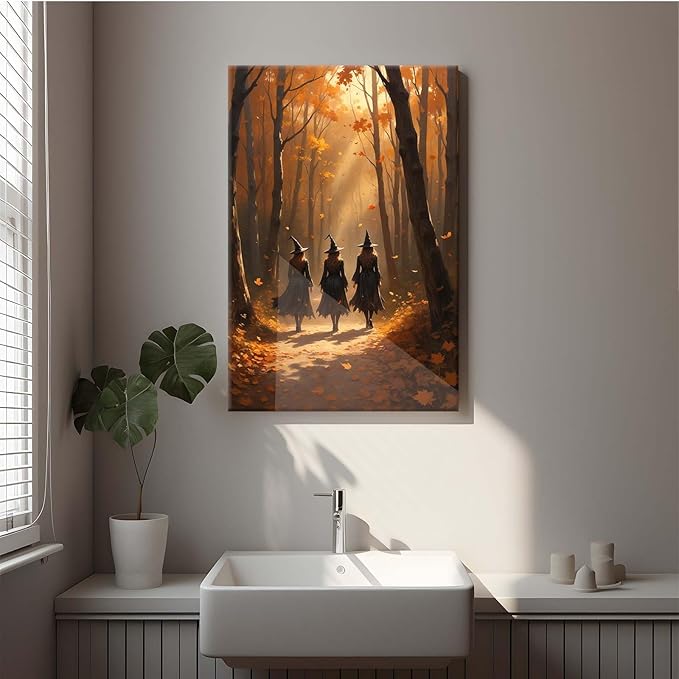 JFHCQJPK Three witches walking in the forest in autumn canvas painting gothic poster halloween print country witch wall art for home decoration28x40in Frameless
