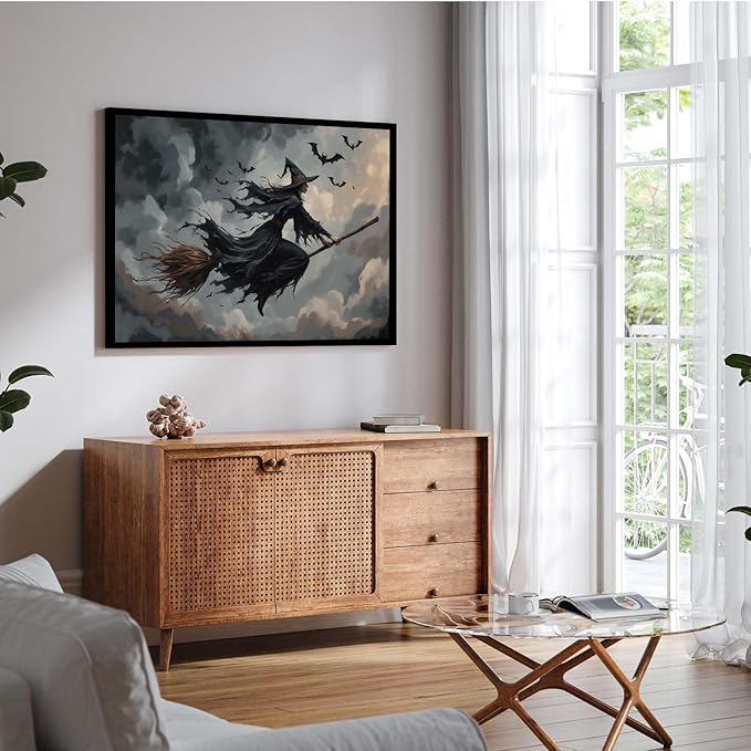 JFHCQJPK Witch and bat flying Halloween poster suitable for home party wall decoration retro Halloween preppy style wall art canvas print suitable for room decoration20x30in Metal blackFramed