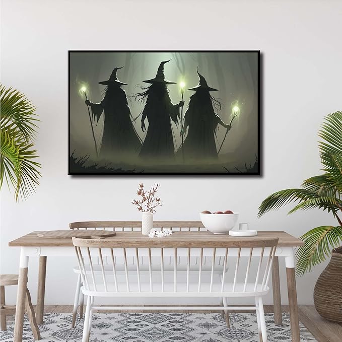 JFHCQJPK Vintage 3 witches canvas wall decor melancholy dark Halloween poster wall decor holding a staff print Gothic horror Halloween painting print for living room bedroom12x16in Metal blackFramed