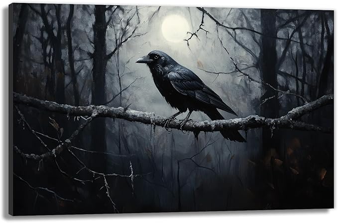 OAAPITI Crow Canvas Wall Art Black Crow Stand On The Branch Picture Print Moonlit Night Poster Vintage Forest Landscape Painting Artwork Living Room Halloween Decor(Artwork-1,28"x42")