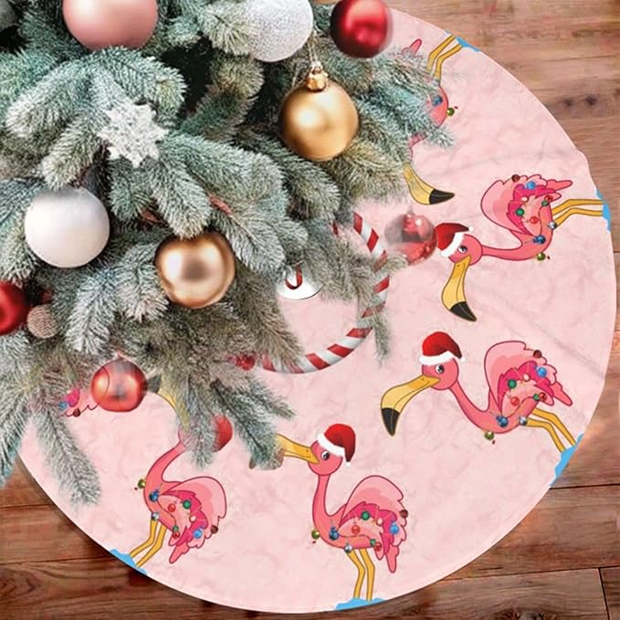 36" Large Christmas Tree Skirt, Christmas Decorated Flamingo Pattern Tree Mat Base Cover for Xmas Festive Holiday Party Decoration Ornaments