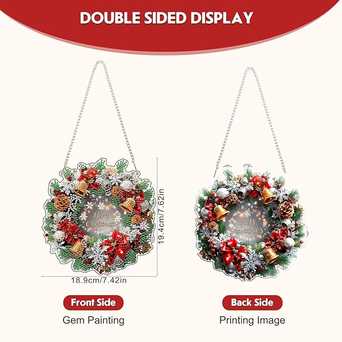 NEWENMO Diamond Art Hanging Kit for Adult, Merry Christmas Wreath, DIY Special Shaped Crystal Acrylic Diamond Art Painting Window Pendants, Diamond Painting Ornament for Home Garden Wall Decor
