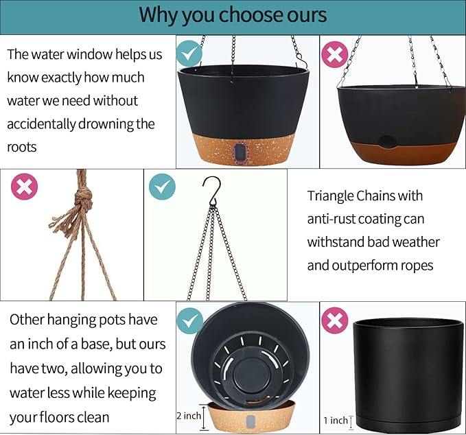 2 Pack Hanging Planters for Indoor Outdoor Plants, 10 Inch Hanging Flower Pot Basket with Drainage Hole with Removable Tray&Hooks Self Watering Plant Pot for Hanging Plants, Dark Grey