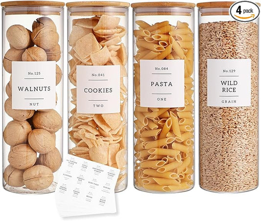 4 Pack Glass Jar with Airtight Wood Lid and White 132 Kichen Pantry Labels Preprinted - 38 Oz Clear Round Glass Food Storage Containers set For Cereal Rice Sugar