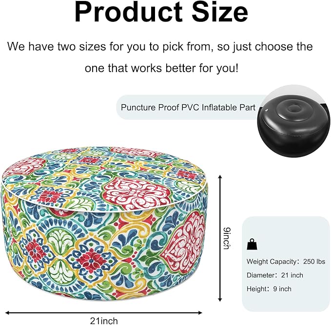 Inflatable Ottoman Stool D21 xH9 for Outdoor/Indoor Use, Water Repellent Patio Foot Rest Stool with Portable Handle,Round Pouf Ottoman Suitable for Garden,Deck and Camping - Damask Red