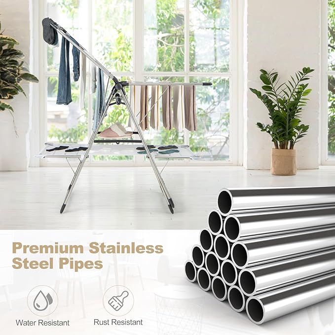 Tangkula Foldable Clothes Drying Rack, 2-Tier Laundry Drying Rack w/Tall Hanging Bar, Height Adjustable Gullwing, Freestanding Garment Stand for Indoor Outdoor Use