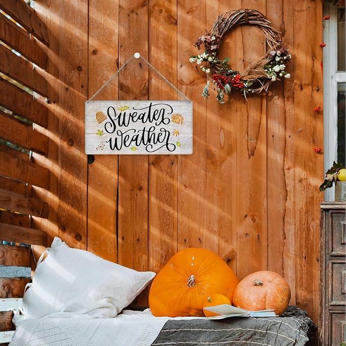 MIGUMUTU Rustic Farmhouse Fall Signs Door Wall Hanging Decor, Fall Room Home Decor, Sweater Weather Sign Autumn Leaves Wall Decor Fall Decoration for Home Office Bedroom 7 X 12 Inch