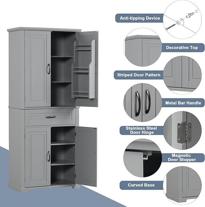72.2" Tall Storage Cabinet with 4 Doors and Drawer, Freestanding Linen Cabinet, Wooden Pantry with Adjustable Shelf for Kitchen, Bathroom, Living Room, Grey