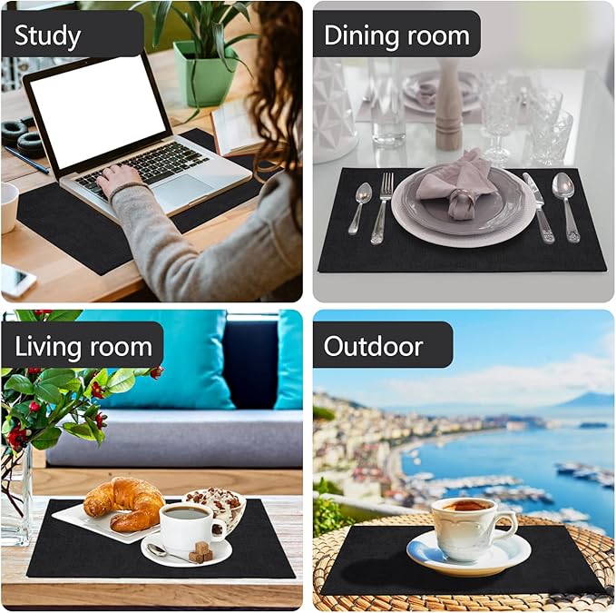 Faux Leather Placemats Set of 6,Heat Resistant Placemats for Dining Table, Easy Clean Non-Slip Place Mats, Waterproof Stain Resistant Wipeable Washable PU Table Mats, (Black)