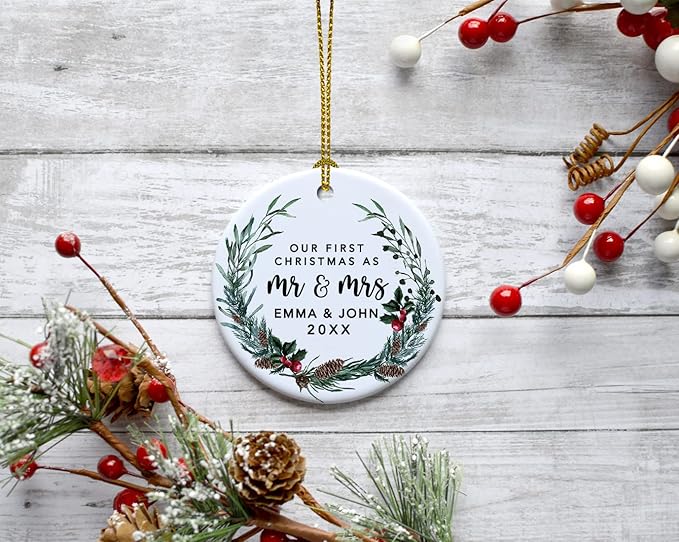 Andaz Press Personalized Our First Christmas As Mr. & Mrs. 2024 Christmas Ornaments Holly & Pinecone Wreath 2.8" Round Porcelain Ceramic 1St Year Married Custom First Christmas Married Ornament 1-Pack
