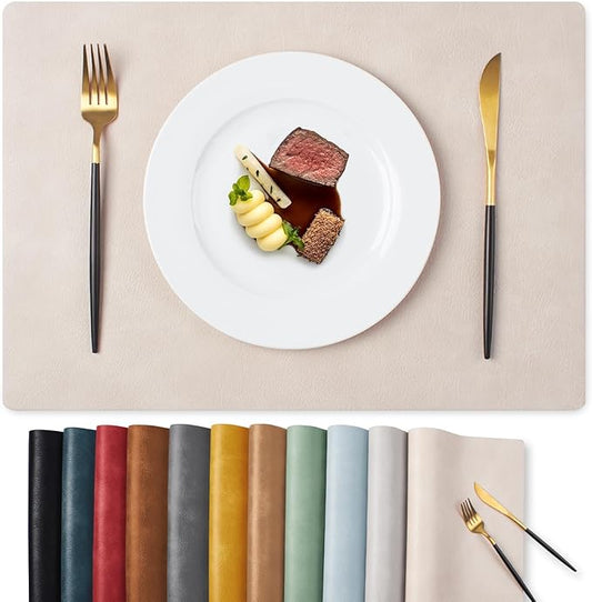MOSAYT Vinyl Placemats Set of 12-12 X 17 Inch - Faux Leather 100% Waterproof Oil-Proof Wipeable PU Place Mats, Heat Resistant Reversible Table Mats for Kitchen, Dining, Outdoor (Beige)
