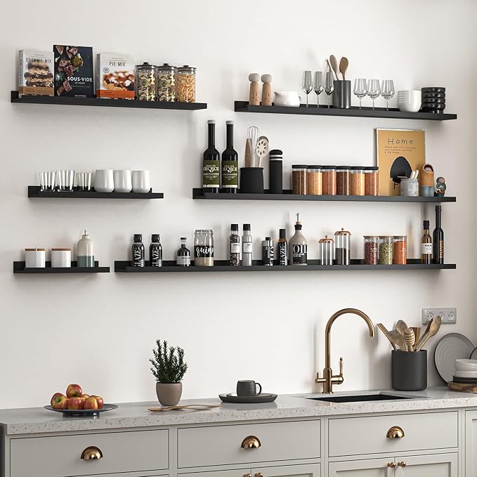 Heimlove Picture Ledge Shelf, Small Floating Shelves Set of 2, 16 Inches Picture Shelf for Wall with Ledge, Kids Bookshelf Wall Mounted for Living Room Bedroom Decor Books Photo Frames, Black