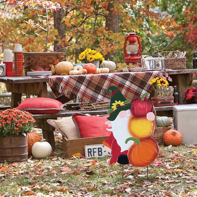 YEAHOME Fall Decorations Outdoor, Metal Gnome with Pumpkin Decorative Garden Stakes for Fall Decor, Autumn Yard Signs for Home Outside Garden Lawn Porch, Thanksgiving Decorations Outdoor (YHMD-476)