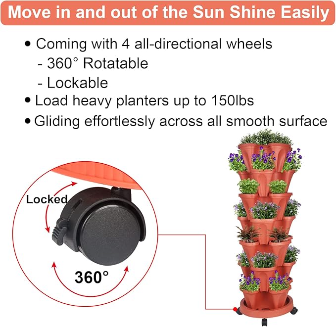 Vertical Planter 7 Tier Stackable Planters Garden Planters Strawberry Herb Flower and Vegetable Planter Indoor Outdoor Gardening Pots with Removable Wheels and Tools