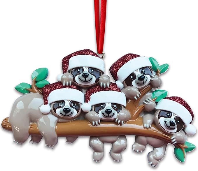 3D Sloth Family of 5 Christmas Ornament 2025 Personalized Family Christmas Ornaments 2025 | Holiday Hangout Sloths Personalized Tree Ornaments Customizable Gifts Tree Hanging Sloth of Five Ornament