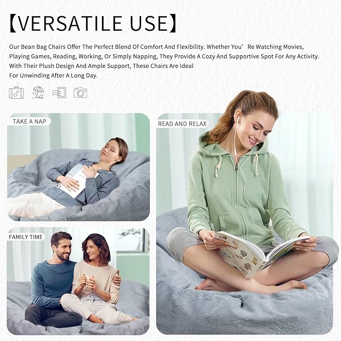 Bean Bag Chair for Adults 8FT,Soft Removable Cover for Teens/Girls Bedroom,Fluffy Giant Round Floor Beanbag Lounger Chairs (No Filler,Light Gray)