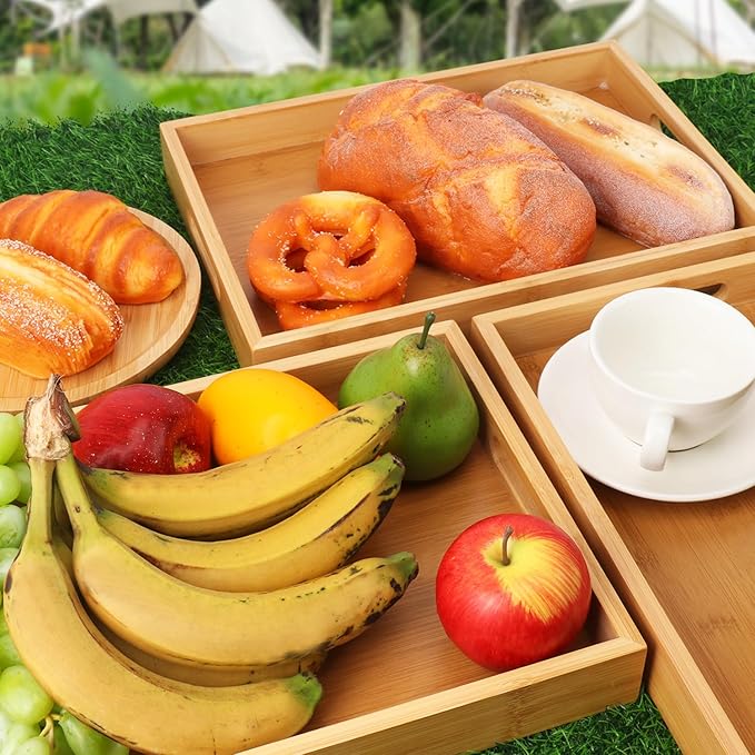 2 Pack Large Bamboo Serving Tray with Handles, 14 x 10 inch Wooden Dinner Tray, Home Kitchen Breakfast Trays for Living Room Bedroom Kitchen Dinner Table, Picnic
