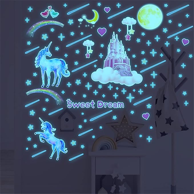 Glow in The Dark Unicorn Castle Wall Decals,Peel and Stick Colorful Unicorn Wall Stickers with Moon Stars Sweet Dream Wall Art for Girls Kids Bedroom Nursery Party Home Decor(Blu-ray)