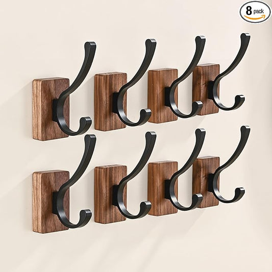 8 Pack Wooden Wall Hooks for Hanging, Adhesive Mounted & Wall Mounted Nature Wood Coat Hooks for Towel Clothes Blanket Hat Backpack Robe Nursery Door Board Entryway Key Holder
