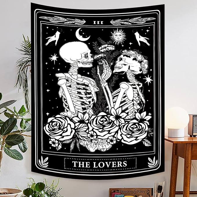 Onivein The Lovers Skull Tapestry Gothic Tapestry Vertical Black and White Skeleton Gothic Witch Sun Moon Floral Plant Snake Tapestries Wall Hanging Decor for Bedroom Dorm Room 30 x 40 Inches