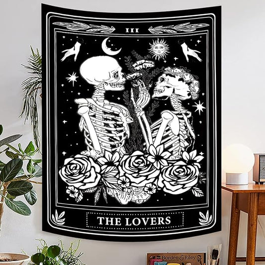 Onivein The Lovers Skull Tapestry Gothic Tapestry Vertical Black and White Skeleton Gothic Witch Sun Moon Floral Plant Snake Tapestries Wall Hanging Decor for Bedroom Dorm Room 30 x 40 Inches