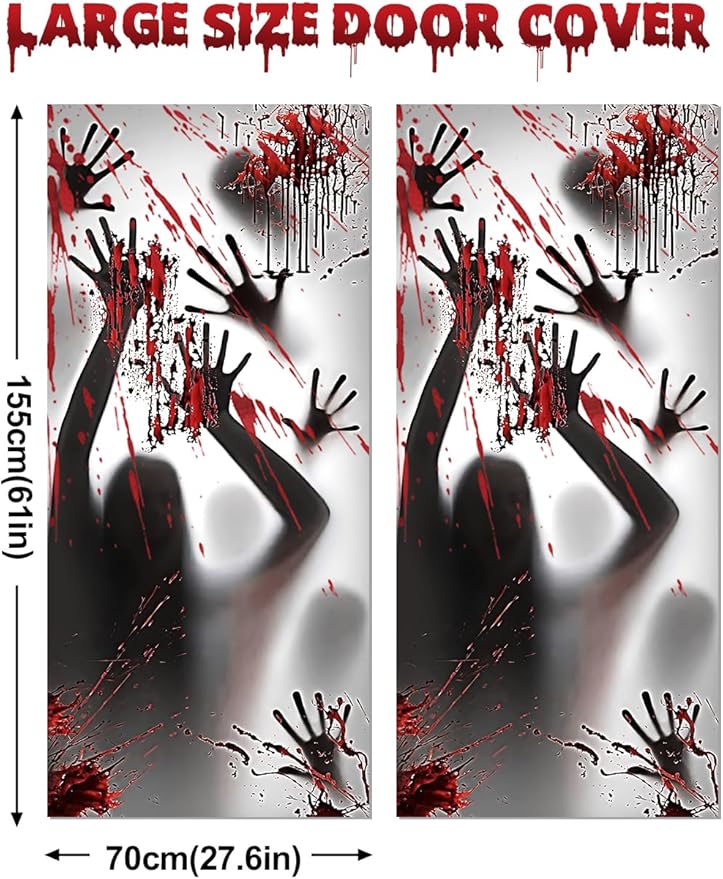 Wohohoho 11 Sheets/202 Pcs Bloody Halloween Decorations Set. 2 Giant Spooky Door Cover, 6 Sheets Horror Window Clings, 3 Sheets Scary Floor Stickers, Halloween Party Wall Decal Bedroom Inside Decor