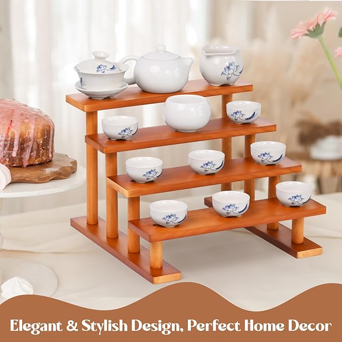 4 Tier Wooden Display Riser Stand Perfume Organizer, Dessert Table Display Set, Solid Wood Food Display Stands for Party, Bamboo Rustic Solid Wood Shelf for Cupcakes, Perfume, Cologne, Spiece