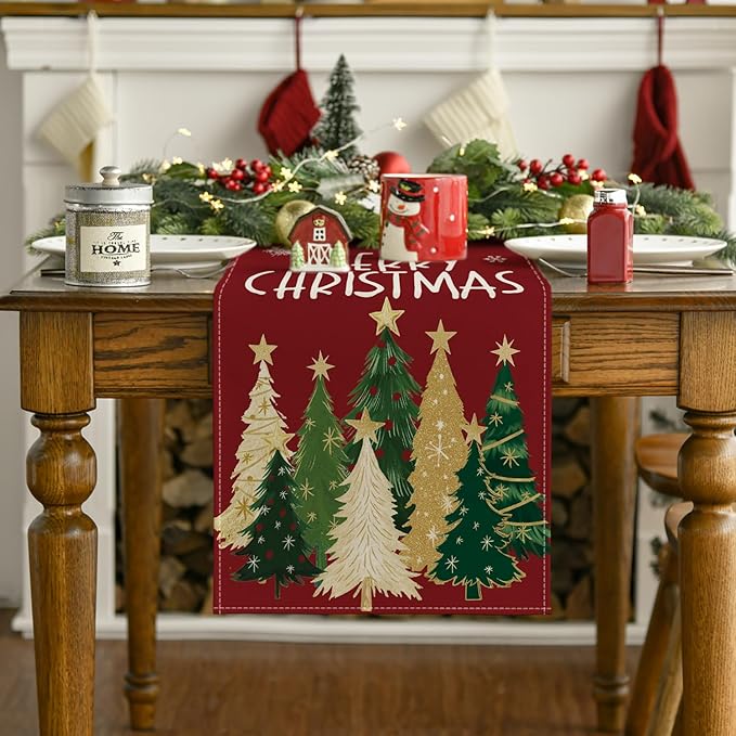 Artoid Mode Xmas Trees Snowflakes Red 210 GSM Merry Christmas Table Runner, Winter Kitchen Dining Table Decoration for Home Party Decor 13x90 Inch
