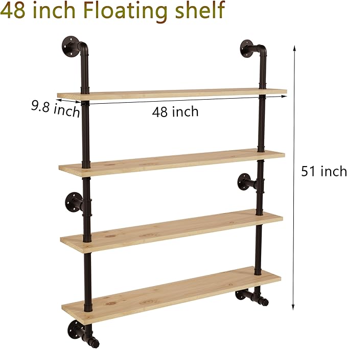 Industrial Pipe Wall Shelves Shelving with Real Wood Plank,48 Inches Floating Shelf for Wall Farmhouse Book Shelves Dark Brown 4 Tier for Kitchen,Living Room Decor and Bar Shelving