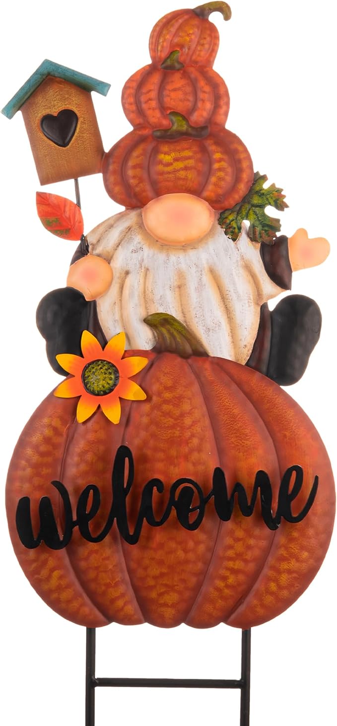 TERESA'S COLLECTIONS Fall Gnome Pumpkin Decorations for Outdoor Home, Metal Fall Decor Welcome Signs Stakes, Orange Autumn Yard Decor for Thanksgiving, Harvest Garden Patio Gift for Mom 25"