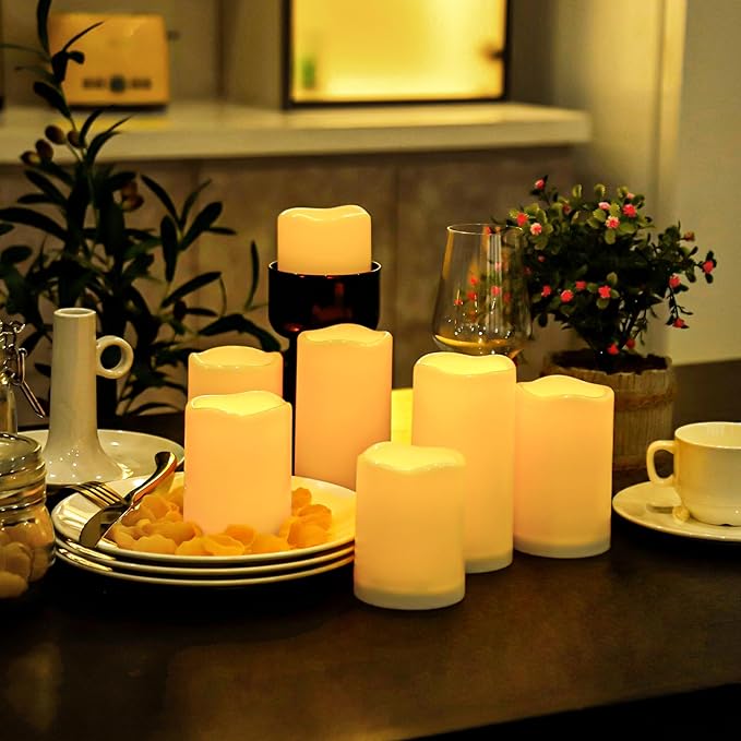 Aignis 7pcs Flameless LED Candles Battery Operated with Remote Timer, Outdoor Indoor Waterproof, Warm Glow for Cozy & Romantic Home/Wedding/Holiday Décor (D 3'' x H 4''/5''/6'')