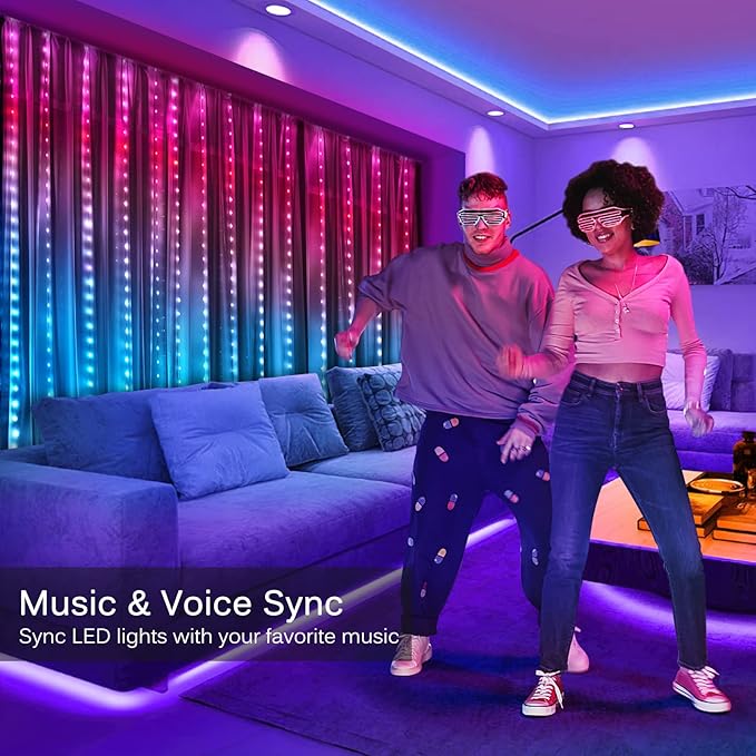 LED Curtain Lights, 8ft x 6ft 144 LED RGB Color Changing String Fairy Lights Curtain with Smart APP Control, Music &Voice Sync for Bedroom Backdrop Wall Indoor Outdoor Christmas Decorations