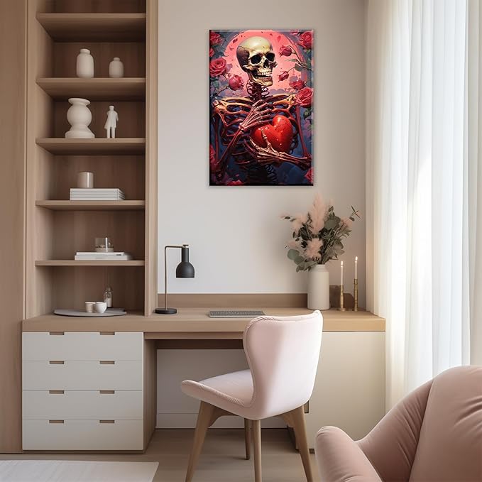 OAAPITI Skull Skeleton Canvas Wall Art Skull Holding Heart Picture Print Romantic Theme Painting Artwork Gothic Poster Wall Decor Living Room Halloween Decor(Artwork-1,16"x24")