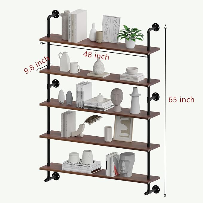 Industrial Pipe Wall Shelves Pipe Shelving with Real Wood Plank ,48 Inches Floating Shelves for Wall Farmhouse Pipe Book Shelves Dark Brown 5 Tier for Kitchen,Living Room Decor and Bar Shelving