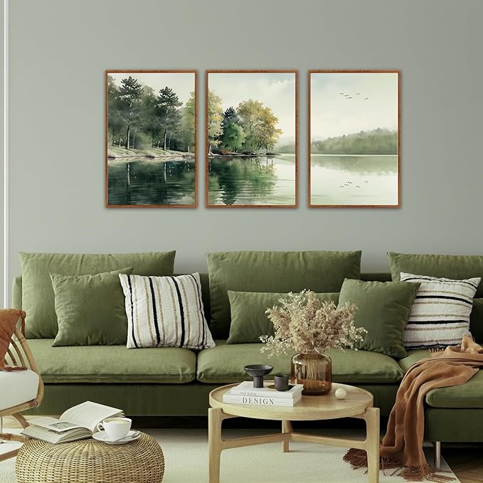 KAIRNE Framed Nature Canvas Wall Art Set,Misty Forest Wall Decor,Green Mountain Forest Pictures,Lake Water Painting set of 3(16”x24”),Landscape Scene Print for Living Room, Bedroom,Gallery Decor