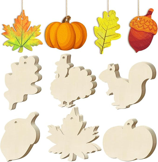36PCS Wooden Fall Ornaments to Paint Thanksgiving Decorations, 6 Styles DIY Blank Autumn Unfinished Wood Maple Leaves Turkey Pumpkin Halloween Cutouts Ornament for Crafts Birthday Party Gifts Hanging
