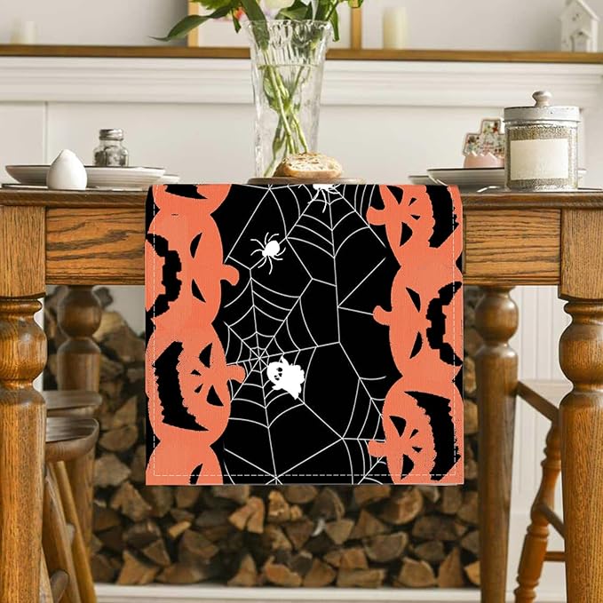 Halloween Long Table Runner Black and Orange Pumpkin Spider Web Table Linen Runner Kitchen Dining Table Runner Halloween Table Decoration for Holiday Indoor Outdoor Home Party Decor 13 x 72 Inch