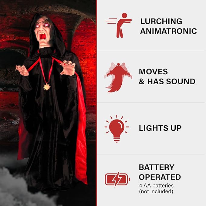 Haunted Hill Farm Motion-Activated Lurching Vampire by Tekky, Lunging Halloween Animatronic for Indoor or Covered Outdoor Creepy Halloween Decorations, Plug-in or Battery Operated Halloween Prop