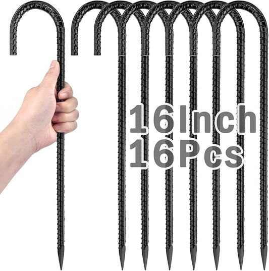16 Inch Ground Stakes Heavy Duty,16 Pack Metal Fence Stakes for Ground for Wire Fencing,Heavy Duty Long Tent Stakes for Trampolines Camping Canopies and Swing Set