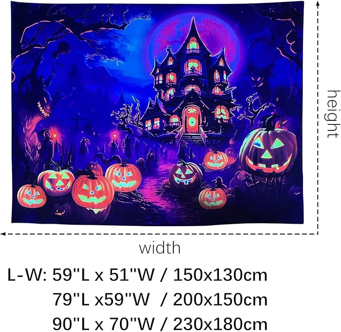 OSVINO Blacklight Halloween Castle Tapestry 59"x51" Pumpkins Ghosts Background Bedroom Aesthetic Hippie Room Decor Glow in The Dark Wall Poster for Halloween Easter