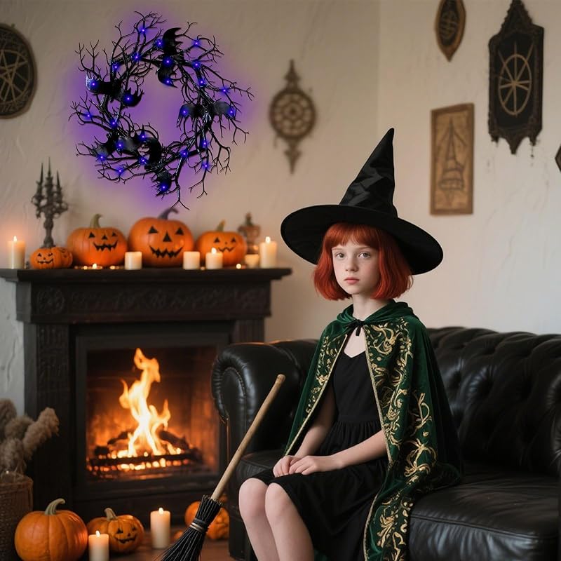 Halloween Black Branch Wreath - 18 Inch Black Twig Halloween Bat Wreaths for Indoor Outdoor Party Window Wall Decor Farmhouse Garland Yard