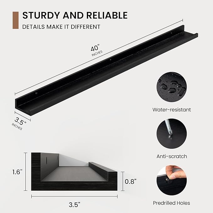 Picture Ledge Shelf, Solid Pine Wood Floating Shelves Set of 2, 40 Inches Nursery Book Shelves for Toys Storage, Kids Bookshelf Wall Mounted for Living Room Bedroom Decor Books Photo Frames, Black