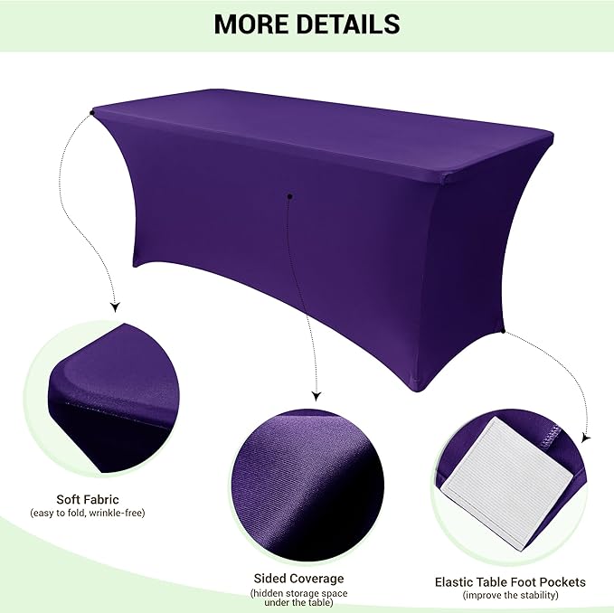 Obstal 6ft Spandex Table Cover for Standard Folding Tables - 2 Pack- Rectangular Fitted Tablecloth for Halloween Party Holiday Decorations, 72L x 30W x 30H Inches, Dark Purple