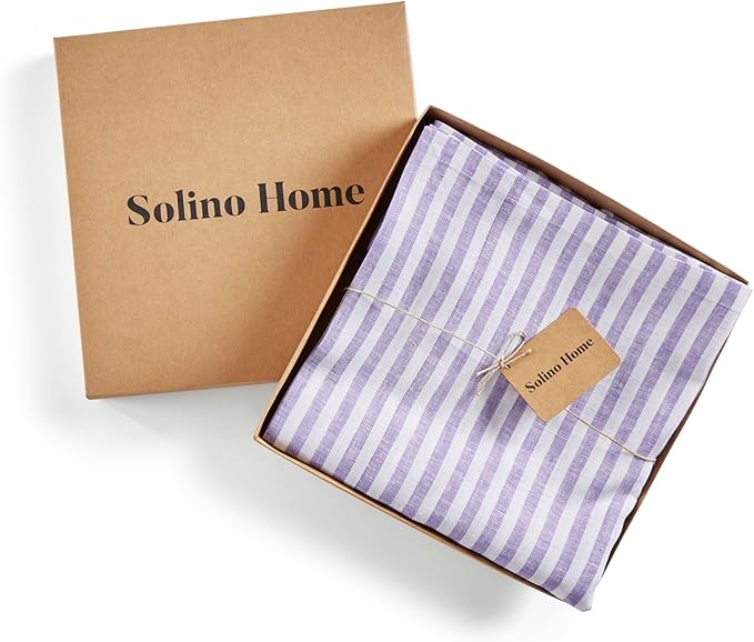 Solino Home Linen Striped Tablecloth 60 x 120 Inch - 100% Pure Linen Violet and White Table Cloth for Rectangle Tables - Amalfi Stripe, Machine Washable Tablecloth