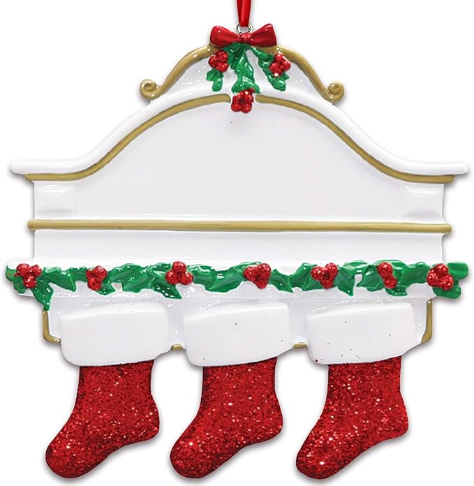 3D White Mantle Family of 3 Christmas Ornament 2025 Personalized Family Christmas Ornaments 2025 | Garland Fireplace Personalized Tree Ornaments Customizable Gifts Red Stockings of Three Ornament
